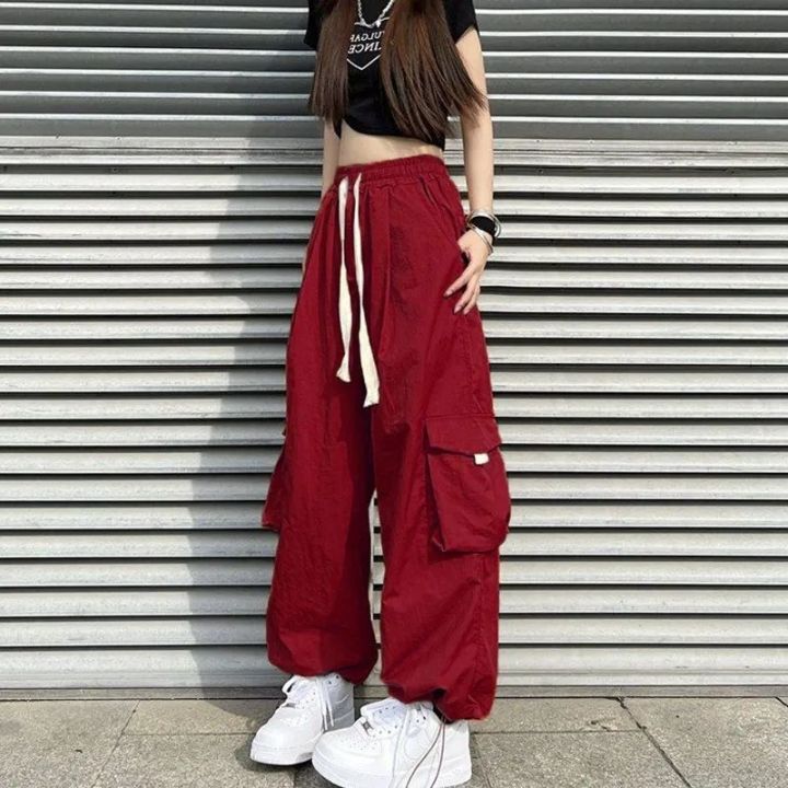 Women's American Retro Wine Red Straight Drawstring Cargo Pants High