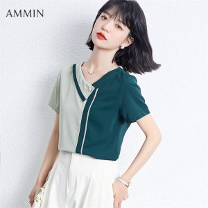 AMMIN Korean style stitching contrast color short-sleeved chiffon shirt For women 2022 summer new fashion all-match fashion temperament high-end chiffon top Blouse