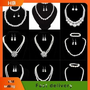 HB Fashion Vintage Womens Bride Wedding Jewelry Set Rhinestone Faux Pearl Necklace Bracelet Earring Wedding Party Jewelry Gift