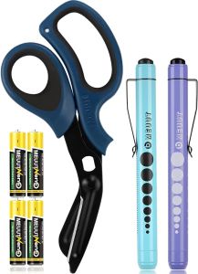 MEUUT 3 Pack Scissors Penlights for Nurse Kits- Two Pen lights with Four Batteries One 8" Trauma shears Bandage Scissors for First Aid EMT