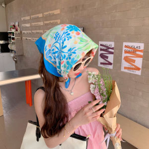 [fenggongshuode] 55cm Fashion Sweet Floral Print Small Square Scarf For Women Girl Cute Soft Flower Scarf Hairband Headband Korean Hair Scarves