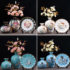 3PCS European Ceramic Vase Dried Flowers Flower Arrangement Wobble Plate Living Room Entrance Ornaments Home Decorations