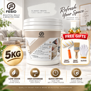 NEW UPGRADE FESIO 10 IN 1 Latex Wall Paint 1KG/5KG Set Premium Interior Exterior Paint Low Odour High Coverage Quick Dry Anti Mold Waterproof Smooth Finish Home Renovation Paint Eco Friendly Wall Coating with Free Paint Brush & Gloves