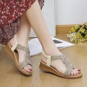 [Free Shipping] Womens Summer New Style Soft Sole Korean Wedge Sandals Slip-On Elastic Rhinestone Wedge Sandals