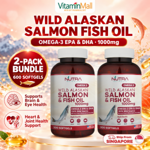 TWIN PACK - Nutra Botanics Omega 3 Wild Alaska Salmon Fish Oil 1000mg 300s - EPA & DHA Supplement Brain Eye Joint Health
