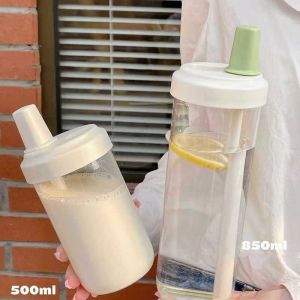 RUO R with Lid Straw Milk Plastic Cup 500/850ml Transparent Water Straw Bottles Gym Equipment Dustproof Large Capacity Water Bottle Juice