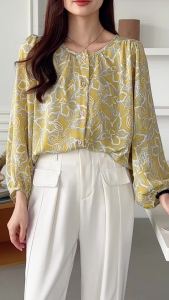 Ammin 2024 Mùa Xuân/Mùa Hè Vòng cổ đơn giản Thời Trang R Ngọt Ngào nhuộm kiểu cột thắt in hoa Lười Biếng tay áo phồng Áo voan Người Phụ Nữ phong cách Hàn Quốc Tay áo dài áo blouse thanh lịch