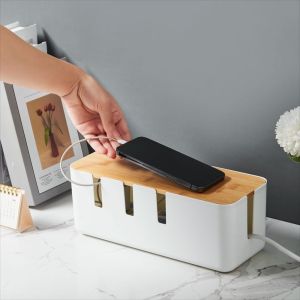 DNFIWN3 with Wooden Lid Household Cable Management Box Storage Bin Plastic Power Cord Case Large Capacity Space Saving Charger Socket Organizer Plug-in Board