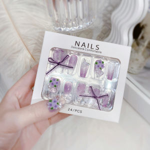 【With Glue】Ready Stock Female Mid-length Fake Nail Purple Bouquet Artificial Nail for Women and Girl Party Activity