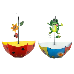 Wall Mounted Umbrella Shape Flower Pot Outdoor Garden Iron Hanging Planter With Cute Animal Ornament For Porch Window Railings