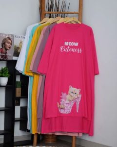 Midi Dress Jumbo Wanita Kekinian Meow Midi Kaos Katun Combed 24s Long Tunik Bahan Adem Ootd Casual