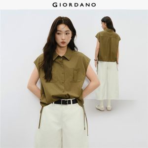 Giordano Women Double pockets drawstring hem shirt Free Shipping 18346319