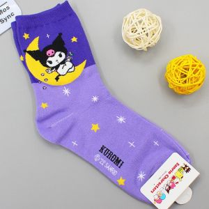 Kawaii Sanrio Kuromi Socks Cartoon Diamond Check Sweat-absorbing Breathable Purple Socks JK Hundred Anime Long Socks