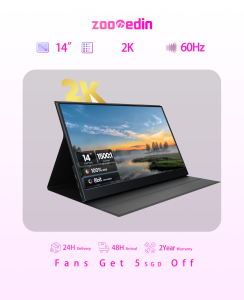 【Local Warehouse】ZOOMEDIN 14 Inch 2K 1440P Ultra-Slim Portable Monitor for Laptop 100% SRGB External monitorDual Speakers Extender Display. with Smart Cover for LaptopPC Phone Xbox PS4/5【Delivered Whinin 72 Hours】