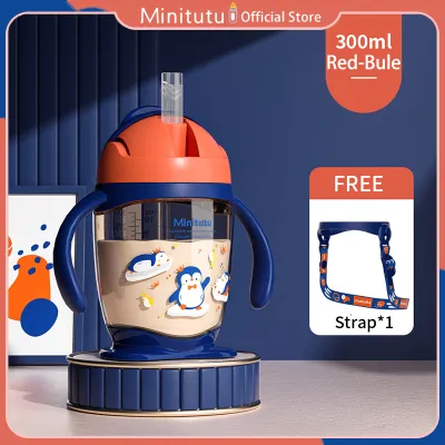 Minitutu Silicone Straw Cup tempat minum anak botol susu anak bahan PP Penguin Series 300ml Baby Sippy cup dengan Tali Bahu Bebas BPA