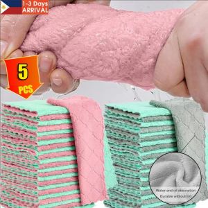 5PCS Absorbent Microfiber Dishcloth Non-stick Oil Dish Towl Double-layer Absorbent Kitchen Dishwashing Cloth Tableware Cleaning Kitchen Soft Dish Towel Scouring Pad Home Cleaning Cloth