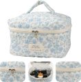 Cute Makeup Bag for Women(2 Pcs), Travel Cosmetic Bags, Quilted Coquette Aesthetic Floral Toiletry Organizer Bag (NavyBlue Flower). 