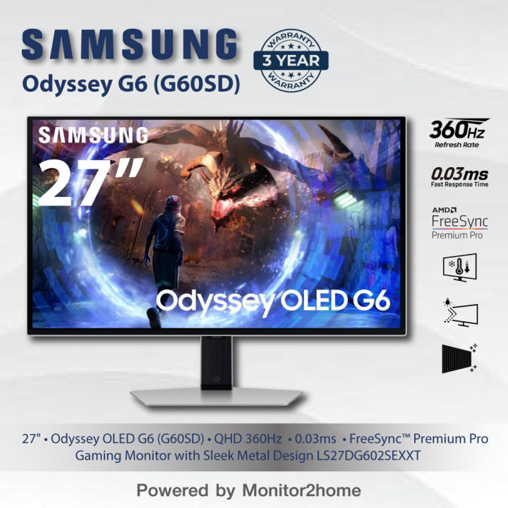 Samsung 27" Odyssey OLED G6 (G60SD) QHD 360Hz 0.03ms FreeSync Premium Pro Gaming Monitor with Sleek Metal Design LS27DG602SEXXT
