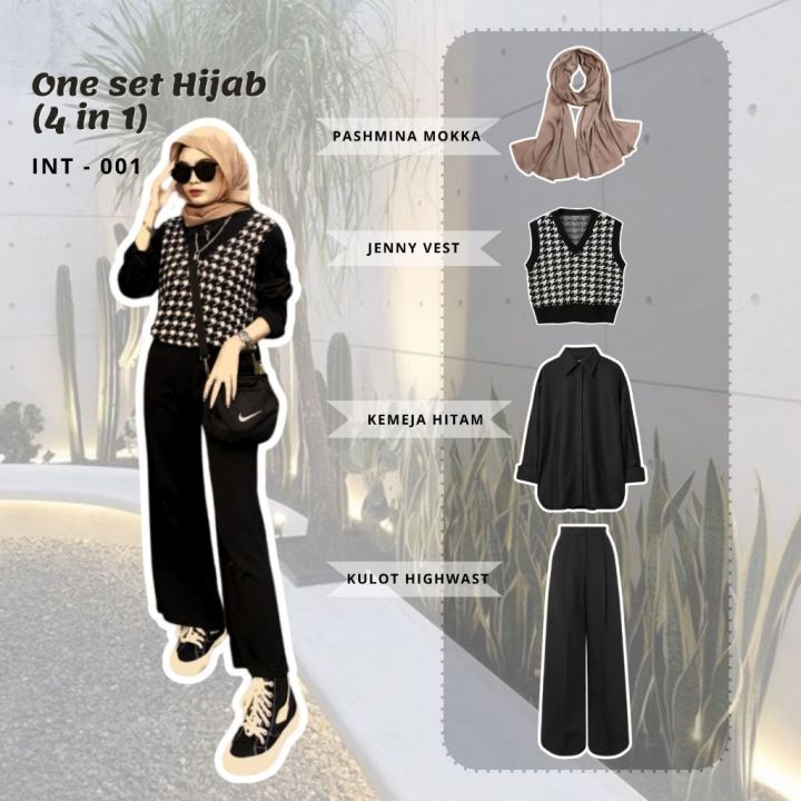 Rhea One set hijab (4 in 1) premium baju set wanita ootd vest jenny kemeja kulot highwaist korean style setelan wanita remaja ulzzang INT-001