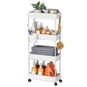 [VIDKHSY Store】4 Layer Moving Rack Bathroom Organizer Kitchen Storage Shelf Black/white multi-tiered shelf trolley with wheels