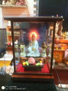 Hộp kính thờ Bộ tượng Phật quan âm bồ tát và cặp tượng Tiên đồng - Ngọc nữ  đẹp chất.