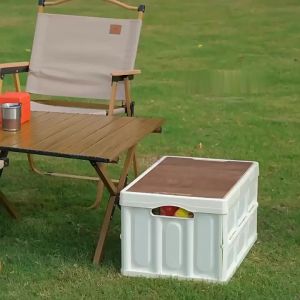 Happihaus Foldable Storage Box With Wooden Cover 55L Large Outdoor Table Box Plastic Storage Organizer
