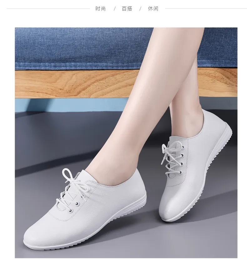 VIWANA Flat White Shoes For Women Korean Style Lace Up Casual