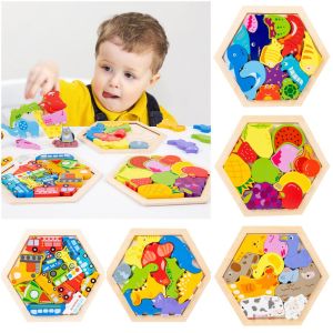Q-1151 STORE Wooden Wooden Jigsaw Puzzle Hexagonal Pallet Cartoon Pattern 3D Puzzle Creative Intelligence Development Learning Jigsaw Children Education