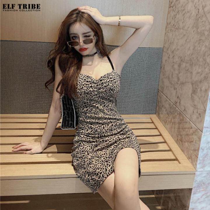 ELF TRIBE Niche Sexy Bodycon Dresses Leopard Print Wrap Hip Slip