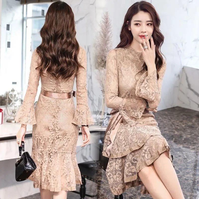 Plus Size S-3XL Women Dress Lace Fishtail Mermaid Flare Midi Knee Length  Long Slim Loose Spring Summer Autumn Fashion Casual Elegant Party Office  Work Wear Long Sleeve Black Khaki | Lazada PH