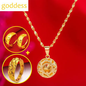 Original Pawnable 24K Saudi Gold Necklace for Women Nasasangla 100% Choker Peaceful Love Heart Gold Thick Gold Water Wave Chain and Pendant Gold Necklace Buy 1 Take 2 Ring + Earrings Not Fade Wedding Engagement Jewelry