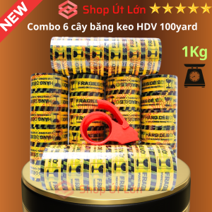 Combo 6 cây băng keo hàng dễ vỡ 100yard kèm dao cắt băng keo 1 cây 1kg lõi giấy 5mm rộng 47cm mỗi cây gồm 6 cuộn.
