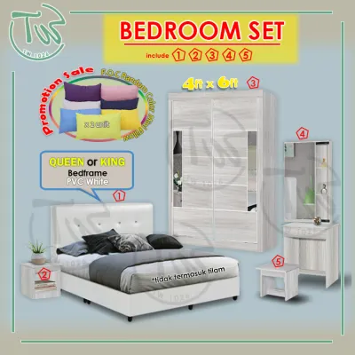 TW (KL & Selangor) Ready Assembled (SET A) Queen/King size Bedroom Set/4 Feet Sliding Wardrobe with Mirror Design/Dressing Table/Bed Side Table/Divan/Bedframe