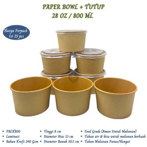 Paper Bowl ukuran 800 Ml Plus Tutup Mangkok Kertas (Isi 25 Pcs-PBLK800)