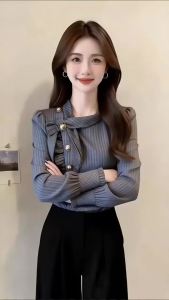 French retro high-quality bow plaid long-sleeved shirt womens spring and autumn new fashion temperament casual Joker top.2026