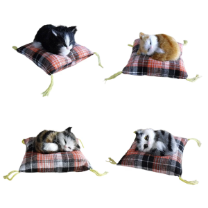 Realistic Sleep Cats Doll Plush Furry Animal Statue with Soft Mat Bed Stuffed Pet Doll for Kids Adults Birthday Gift