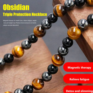 Mens Triple Protection Necklace Tiger Eye Vintage Hematite Obsidian Triple Protection Necklace