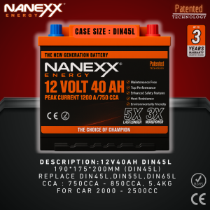 12V 40AH DIN45L (MIN 750CCA) NANEXX HIGH PERFORMANCE BATTERY