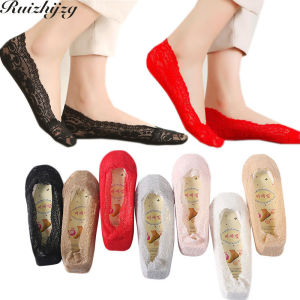 Ruizhijzg Ready stock Lace  Invisible Socks Woman Ladies Boat Cotton silicone Non Slip   Socks Summer thin  Socks Red Black Coffee