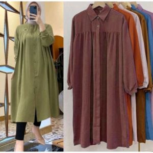 LONG DRESS TUNIK AZKIA POLOS FULL KANCING JUMBO / ATASAN WANITA MUSLIMAH TERBARU