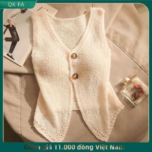 QK FA ✨ Mùa hè phụ nữ thời trang màu sắc rắn Chic nút v-cổ không tay dệt kim yếm
