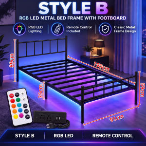 RGB LED Metal Bed Frame with Remote Control Heavy Duty Iron Platform Bed Sturdy Single Double Queen King Size for Bedroom