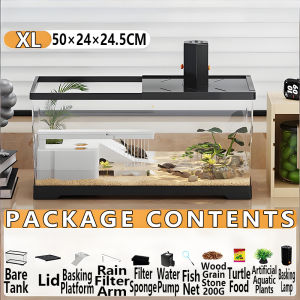 HIPIPET Glass Turtle Tank with Basking Platform Anti-Escape Lid Rainfall Filter Bottom Drainage Panoramic Clear View Low Water Change Ecological Habitat for Small Turtles Indoor Home Use Multi-Size Hassle-Free Turtle Tank Rainfall Filtration System
