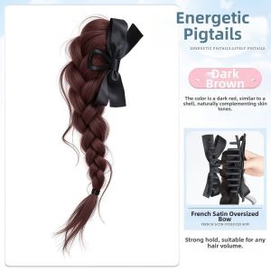 GJURD Long Bow Braids Ponytail Extensions Claw Clip 16 Inch Twist Braid Hairpiece Vintage Natural Handmade Braids Pony Tails for Women