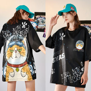 Blouses Women new style 2026 European and American street style anime oversized T-shirt round neck high-quality trendy brand black and white couple T-shirt