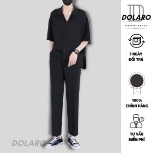 Áo sơ mi nam DOLARO phong cách hàn quốc form rộng cổ vest màu đen chất vải lụa cao cấp