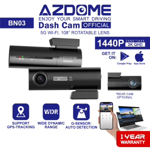 AZDOME BN03 1440P/2K Quad HD Dual Channel Front & Rear DashCam Night Vision App Control Car Camera Driving Recorder