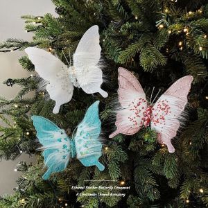 PARKOUR Flocking Finish Christmas Butterfly Ornaments Handmade Clip-On 3D Glitter Butterfly Hanging Decor Multi-color Soft Fluff Simulation Butterfly Xmas Tree Decor