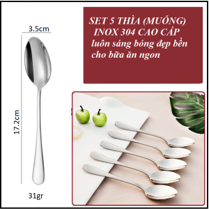 BỘ 5 MUỖNG INOX SUS 304-THÌA ĂN CƠM INOX SUS 304 CAO CAP -THIA INOX 304 - CÓ 3 SIZE - ăn cơm và tráng miệng