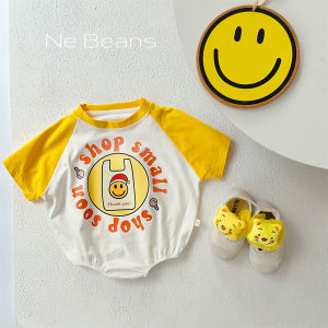 สินค้าใหม่ประจำฤดูร้อนสำหรับทารกอายุ 0-3 ปี: ชุดรอมเปอร์สามเหลี่ยมลายหน้ายิ้มสำหรับเด็กชายและเด็กหญิง ผลิตจากผ้าฝ้ายที่สวมใส่สบายและระบายอากาศได้ดี